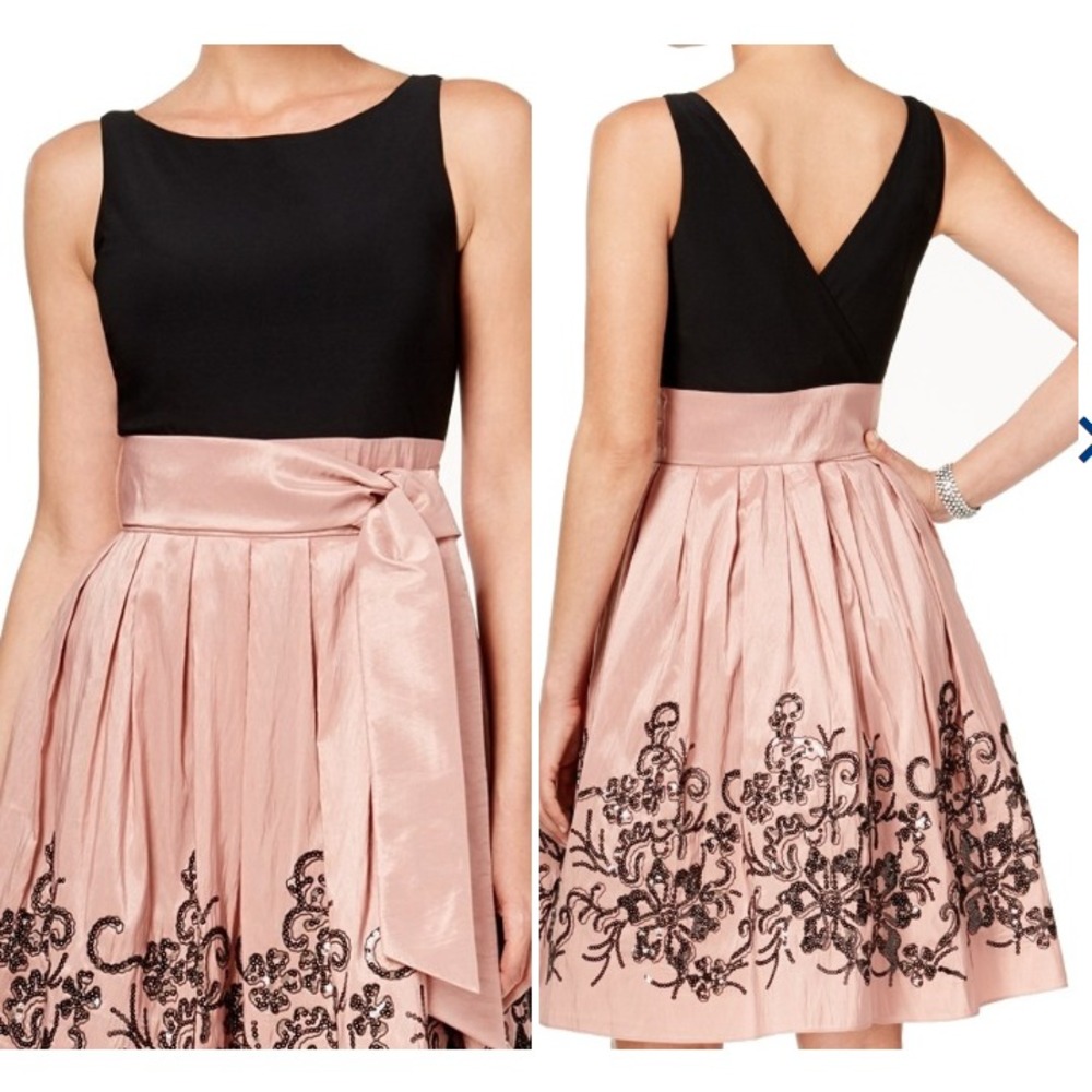 SLNY Fashions 10 Pink Black Contrast Sleeveless Wrap Pleat Dress Sequin Floral